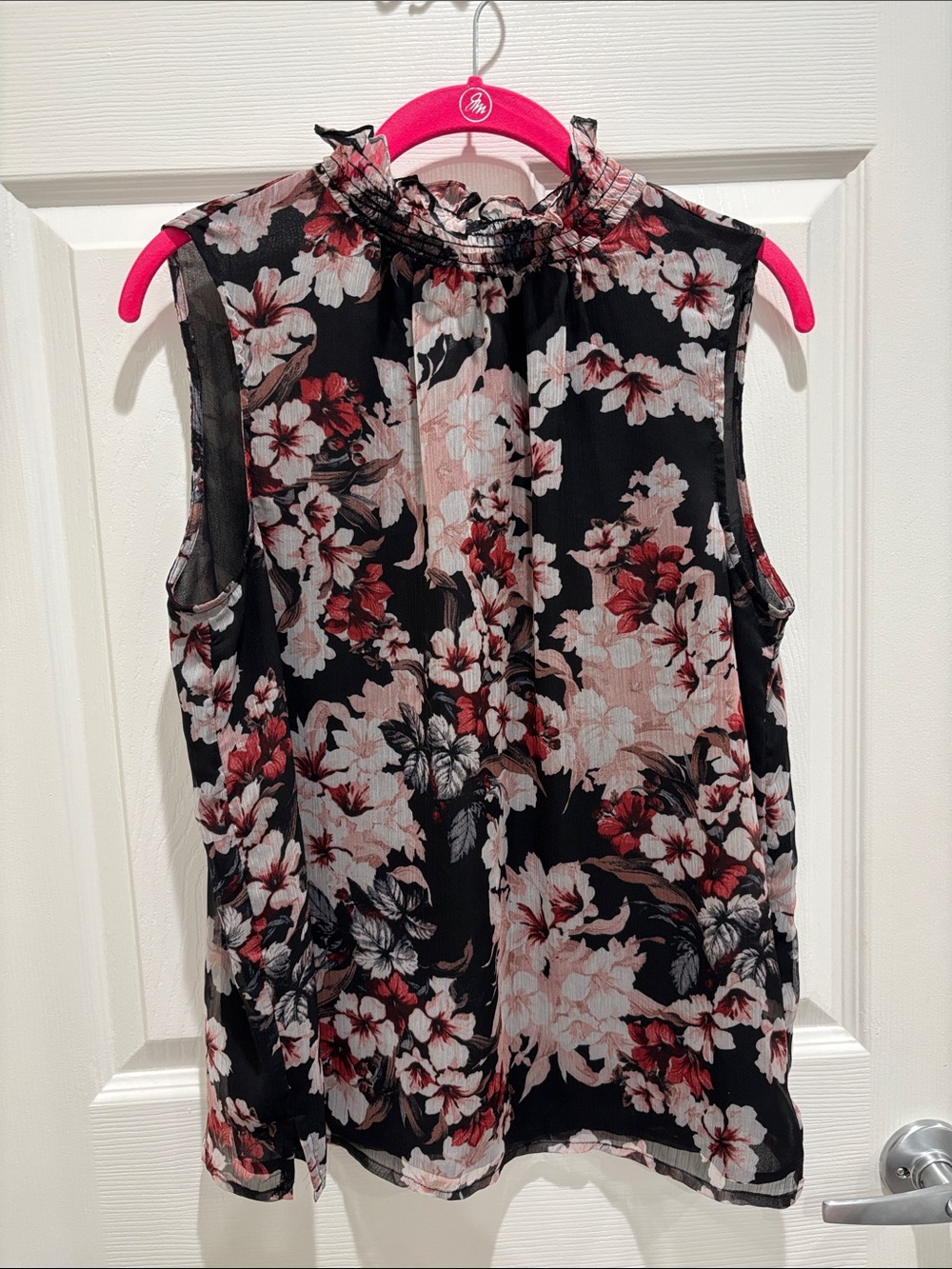 Vince Camuto Black and Pink Floral Ruffle Neck Sleeveless Top